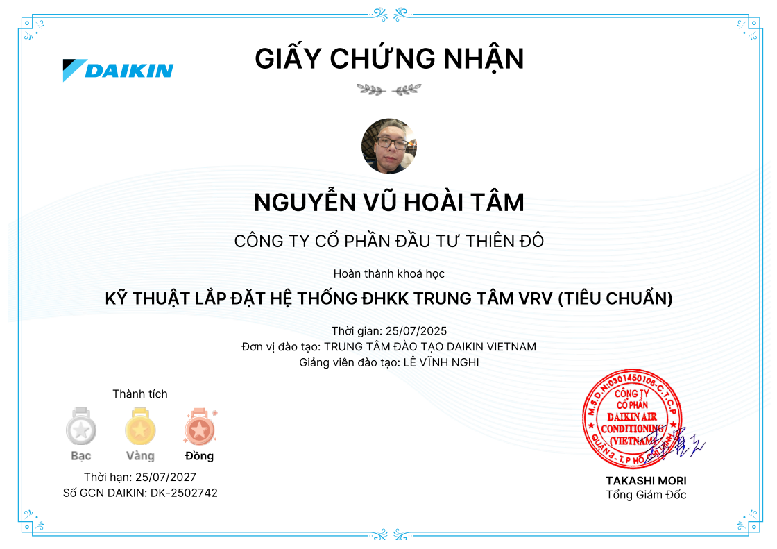 Chứng chỉ Kỹ thuật viên Nguyễn Vũ Hoài Tâm - Lắp đặt VRV Daikin