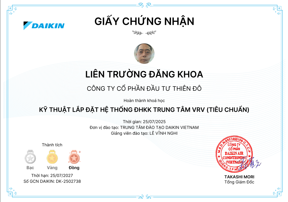 Chứng chỉ Kỹ thuật viên Liên Trường Đăng Khoa - Lắp đặt VRV Daikin