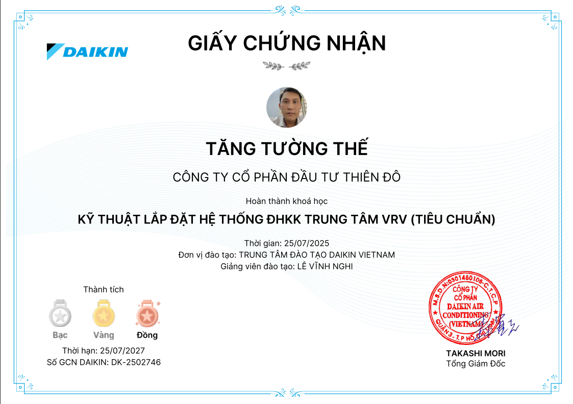 Chứng chỉ Kỹ thuật viên Tăng Trường Thế - Lắp đặt VRV Daikin